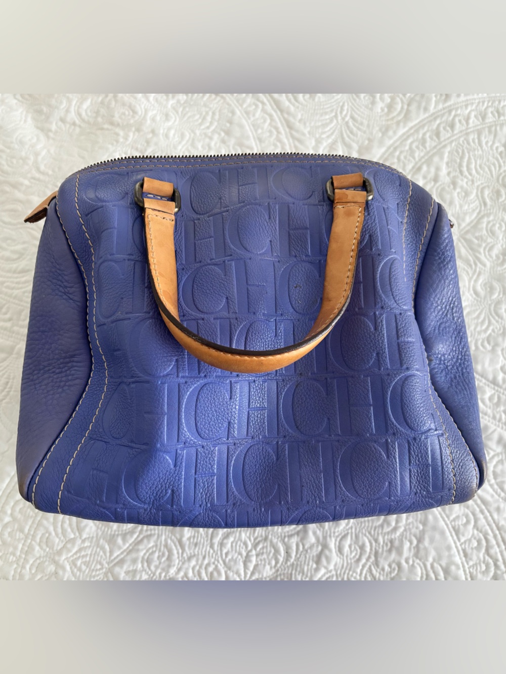 Carolina Herrera Purple/Blue  Embossed Leather Satchel with Tan Handles